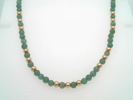 Vintage 14 Karat Yellow Gold 4 Mm Green Adventurine & Gold Bead Necklace 16"