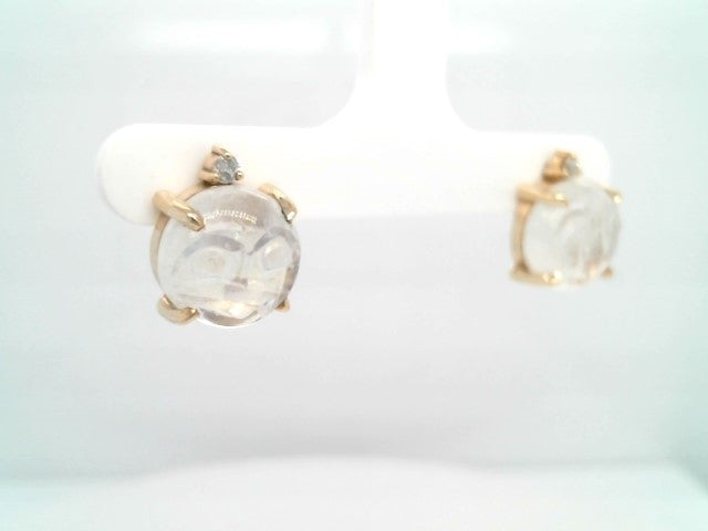 14 Karat Yellow Gold Carved Moonstone Earrings With Diamond Accents