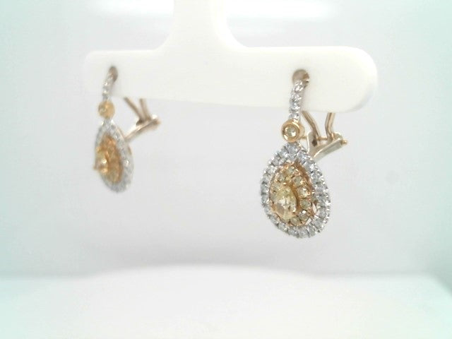 18 Karat White & Yellow Gold Fancy Natural Yellow & White Diamond Pear Shaped Cluster Earrings With Omega Backs