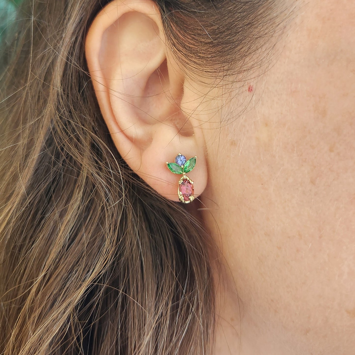 14 Karat Yellow Gold Pink Tourmaline, Tanzanite & Tsavorite Earrings With Floral Motif