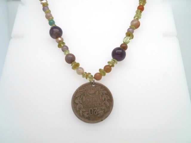 Handmade Sterling Silver Amethyst, Freshwater Pearl, Peridot & Quartz Bead Necklace With Chilean Coin Dated 1925, 22"