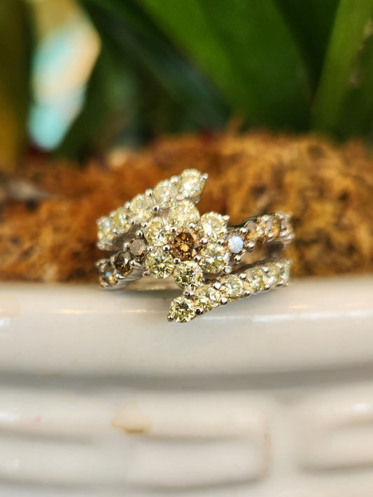 Vintage 18 Karat White Gold Champagne & Light Brown Bypass/ Floral Style Diamond Ring