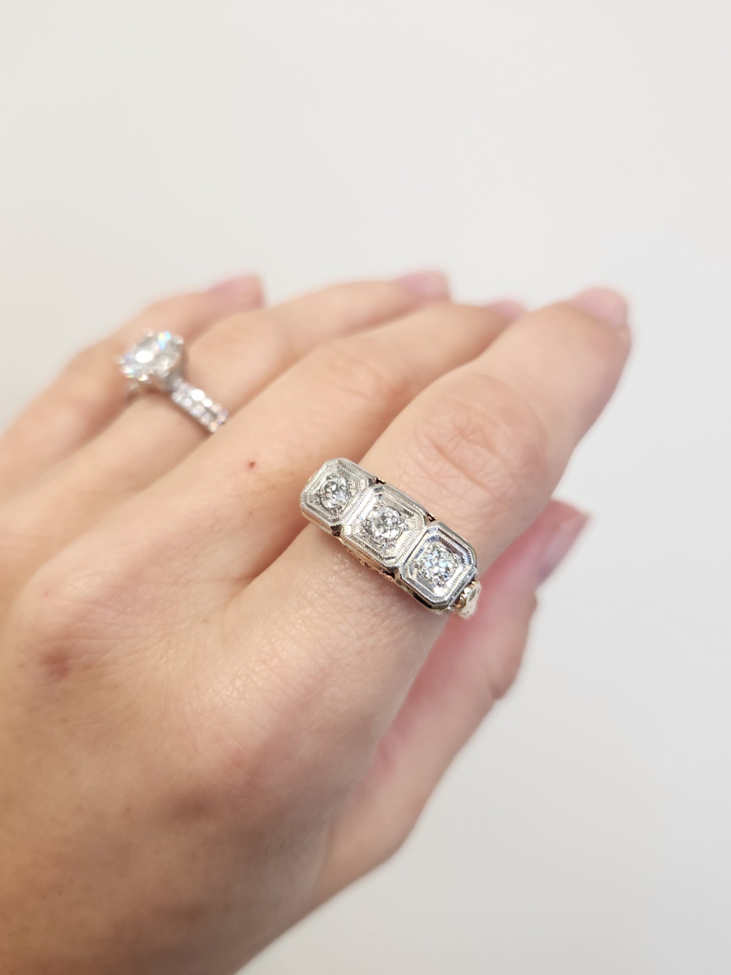 Vintage 14 Karat Yellow & White Gold 3 Stone Old European Cut Diamond Ring With Filigree