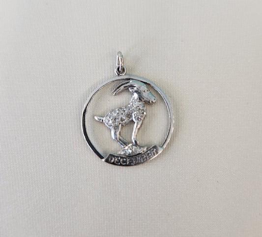 Vintage Platinum Capricorn Zodiac Cut Out Disc Charm Pendant With Diamond Accents