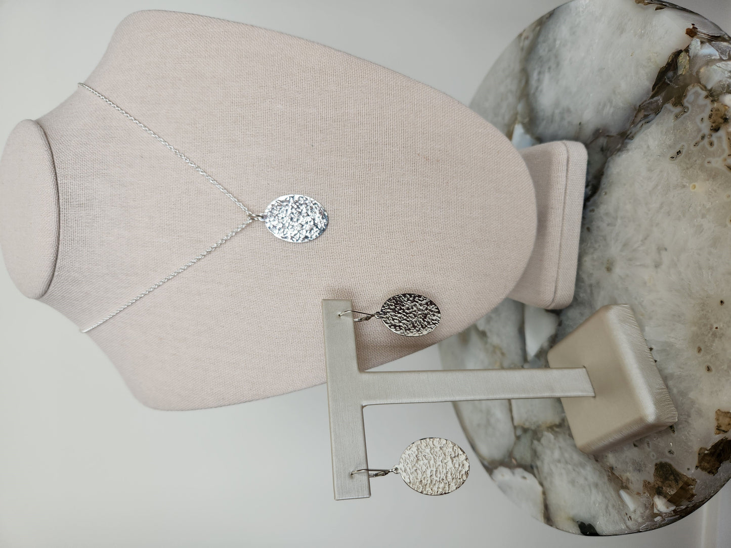 Sterling Silver Oval Dangle Earrings With Hammered Finish