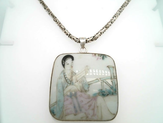 Vintage Sterling Silver Square Handpainted Porcelain Shard With Geisha Scene Bezel Set Pendant On 2.5 Mm Byzantine Link Chain, 18"