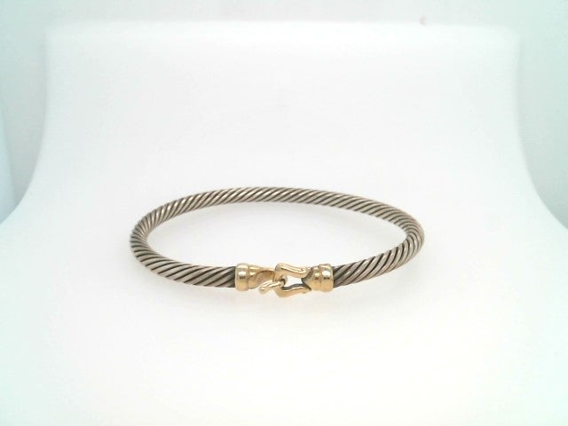 Vintage Sterling Silver & 14 Karat Yellow Gold "Cable" Hook Clasp Bangle Bracelet, Signed David Yurman