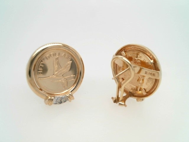 Vintage 14 Karat Yellow Gold Bahamian 50 Dollar Coin & Diamond Earrings With Omega Backs