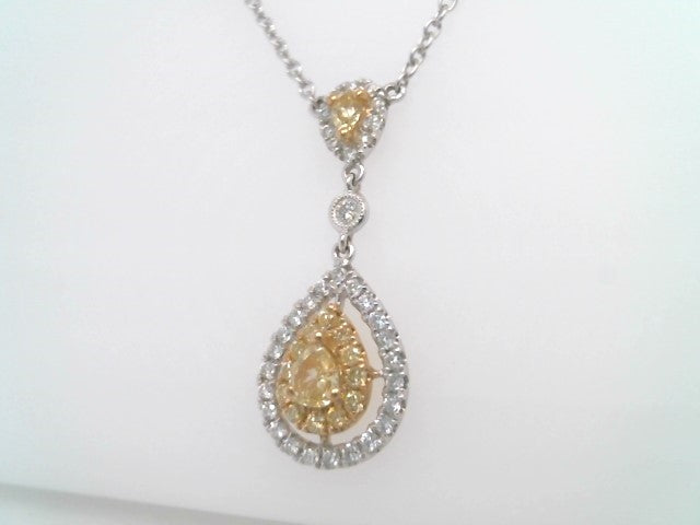 18 Karat White & Yellow Gold Natural Fancy Yellow And White Diamond Halo Style Necklace With Diamond "By The Yard" Style Chain, 15-18"