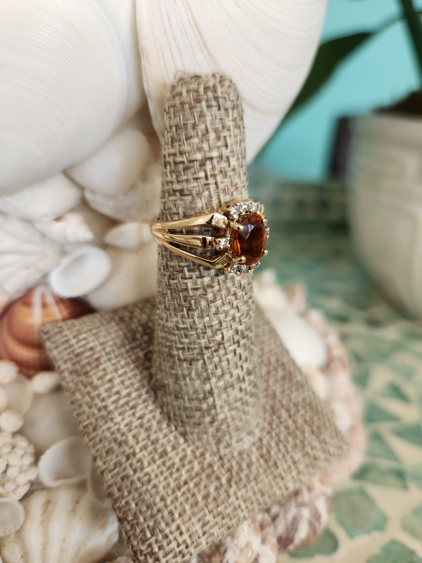 Vintage 14 Karat Yellow Gold Citrine & Diamond Ring With Open Work Shank