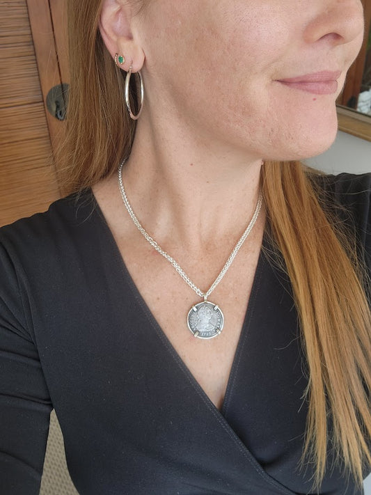 Sterling Silver Carlos III 2 Reales Coin Set In Prong Set Silver Bezel Pendant