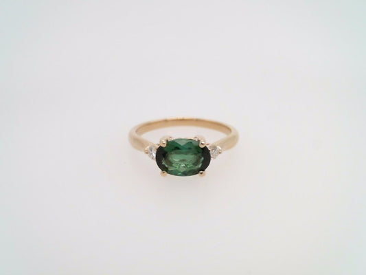 14 Karat Yellow Gold Green Tourmaline & Diamond East/West Style Ring