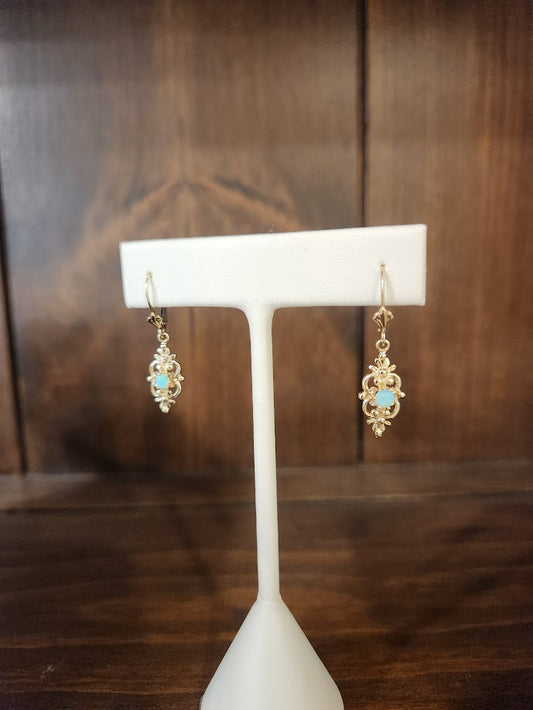 Vintage 14 Karat Yellow Gold Floral Motif Opal Dangle Earrings With Leverbacks