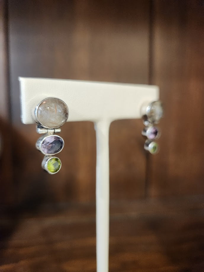 Vintage Sterling Silver Rutilated Quartz, Amethyst & Peridot Drop Stud Earrings