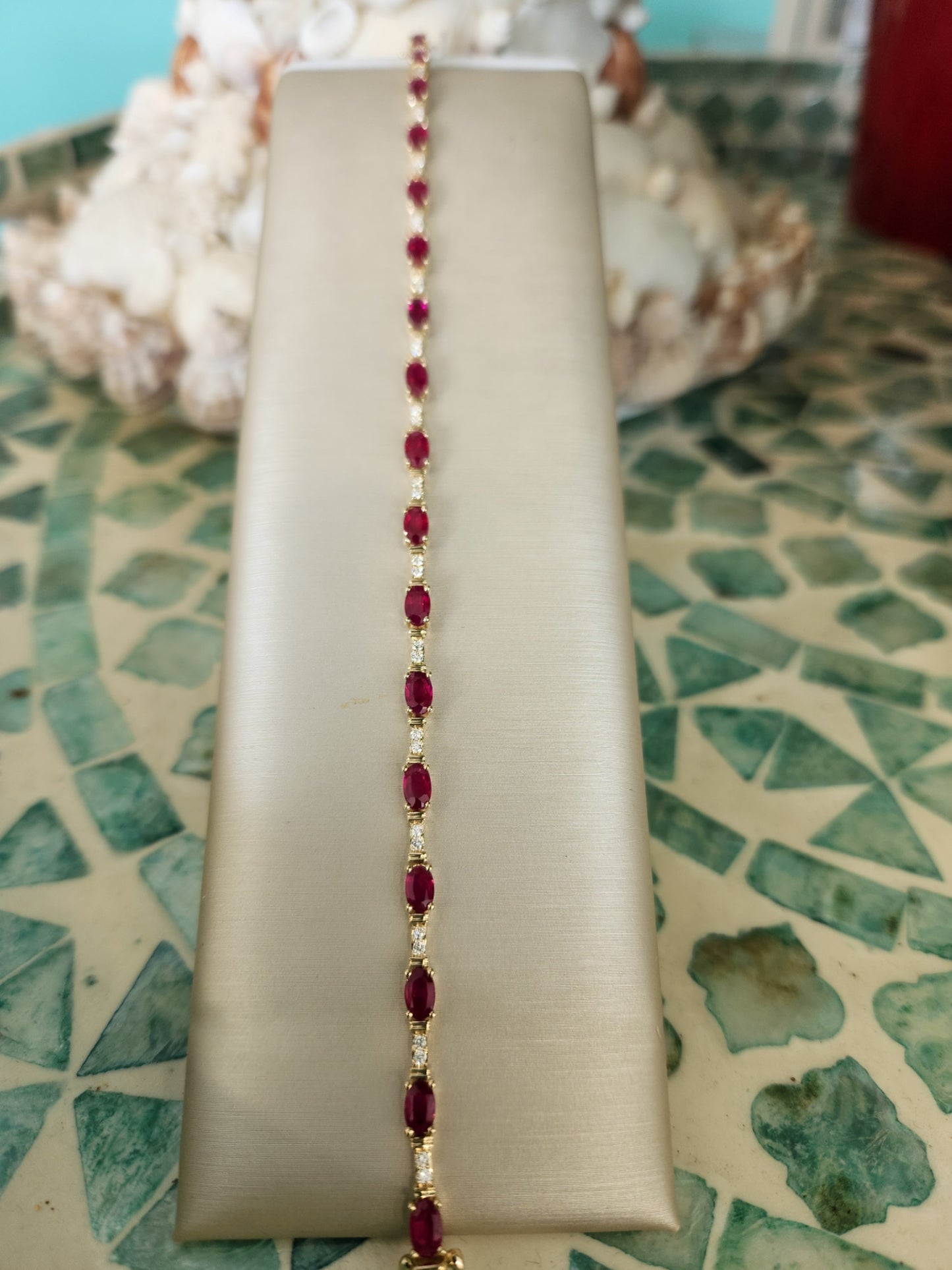 14 Karat Yellow Gold Ruby & Diamond Line Bracelet, 7"