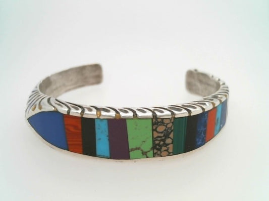 Vintage Handmade Navajo Sterling Silver Multi Gem Inlay Cuff Bracelet