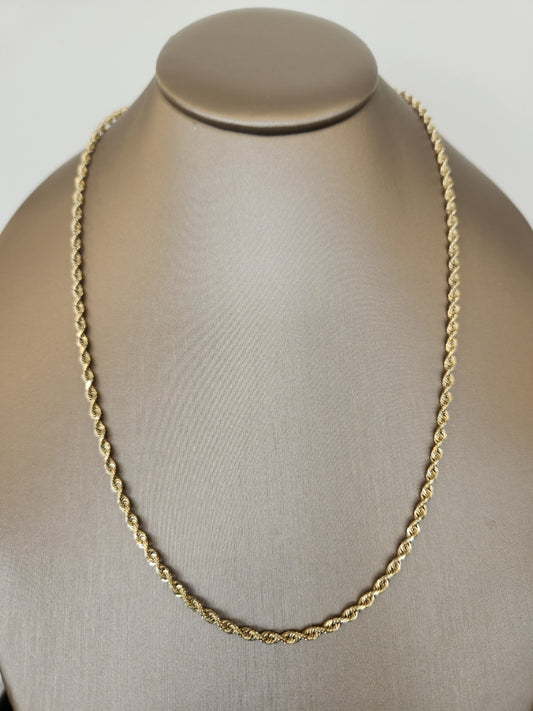 Vintage 14 Karat Yellow Gold 2.7mm Rope Chain with Lobster Clasp, 20"