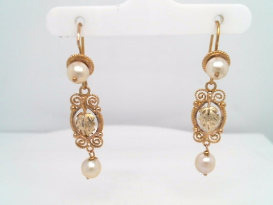 Vintage 14 Karat Yellow Gold Pearl Earrings With Leaves & Scroliing Filgree Design
