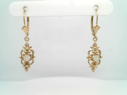 Vintage 14 Karat Yellow Gold Floral Motif Opal Dangle Earrings With Leverbacks
