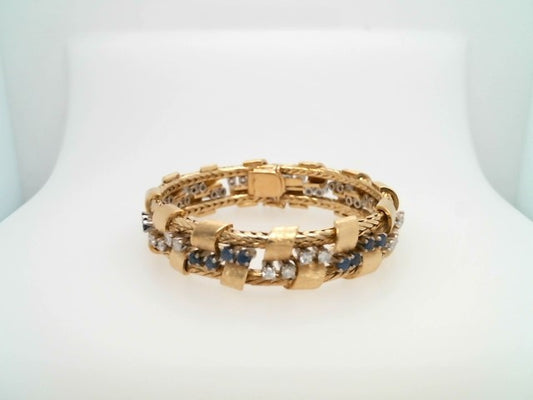 Vintage 18 Karat Yellow Gold French Woven Style Bracelet Bracelet With Blue Sapphires & Diamonds