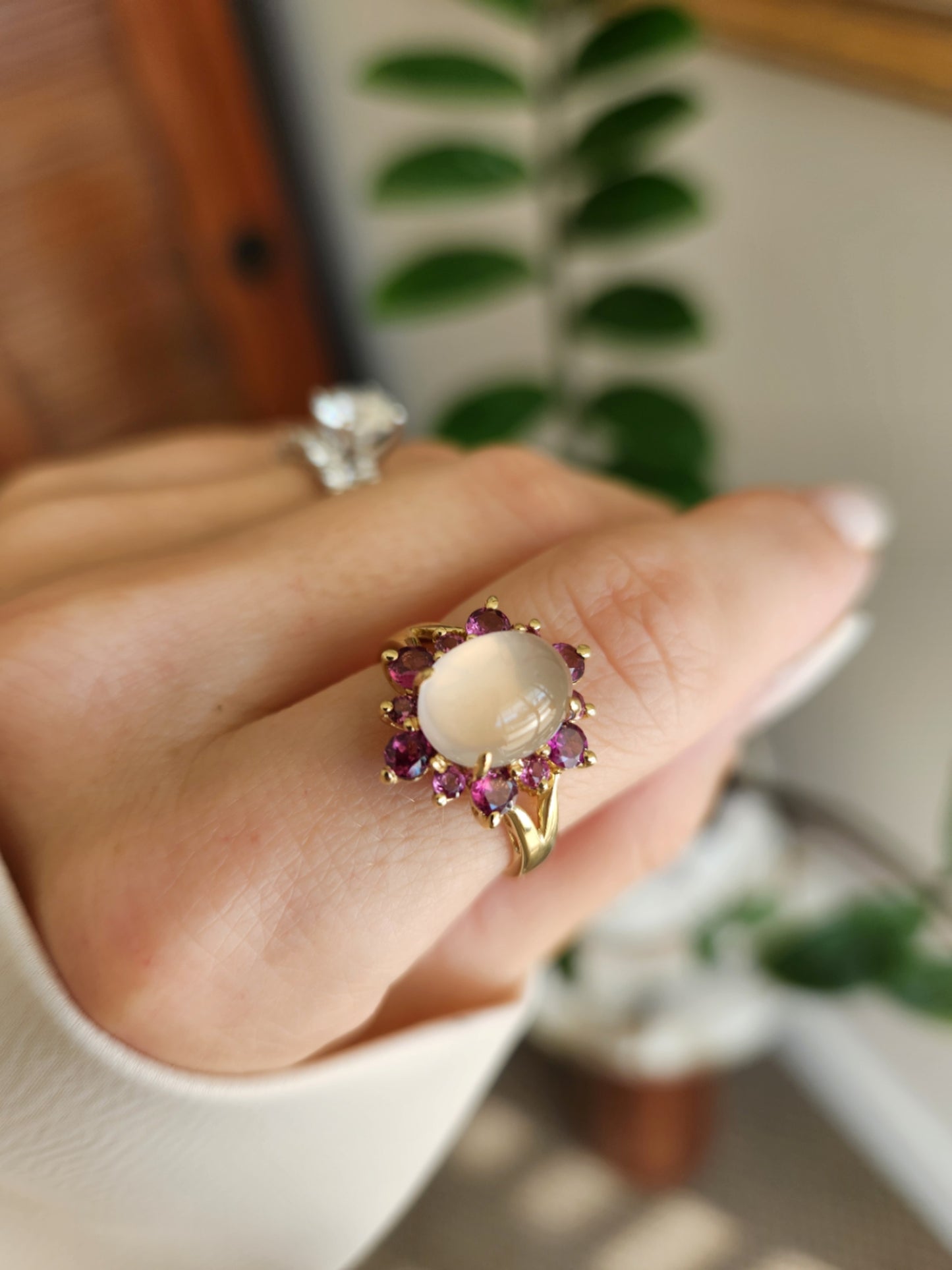 Vintage 14 Karat Yellow Gold Moonstone & Pink Tourmaline Halo Style Ring