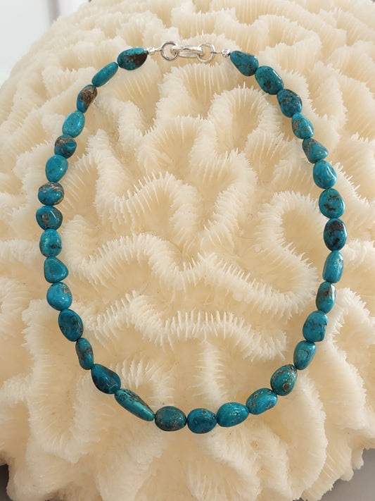 Sterling Silver 11 Mm Turquoise Nugget Bead Necklace With Hinged Circle Clasp, 18"