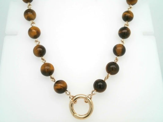 14 Karat Yellow Gold 8 Mm Tiger's Eye Bead Link Chain Necklace With Opening Circle Bail Clasp, 18"