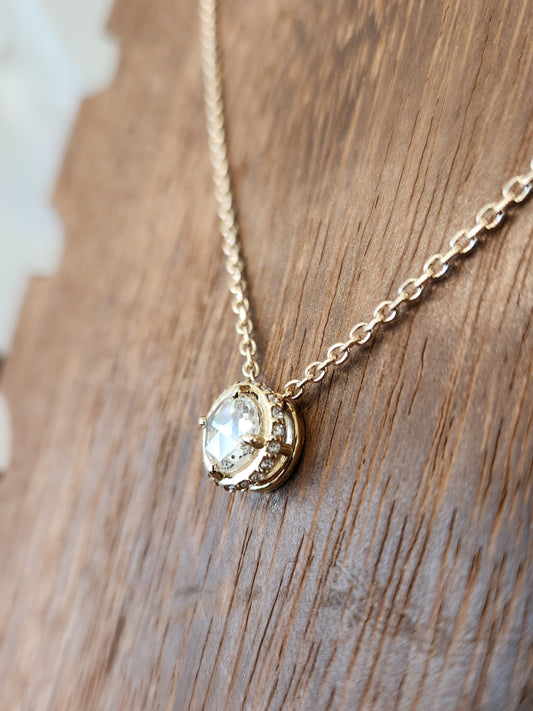 14 Karat Yellow Gold Rose Cut Diamond Necklace With Hidden Diamond Halo, 16-18"