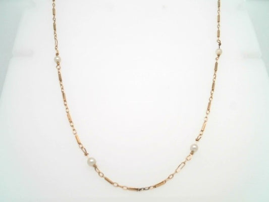 Vintage 14 Karat Yellow Gold Fancy Link & Pearl Station Chain Necklace, 24"