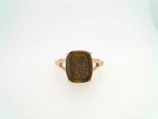 14 Karat Yellow Gold Cushion Shaped Carved Tiger's Eye Intaglio Split Shank Ring