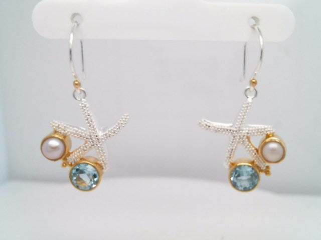 Sterling Silver And 22 Karat Gold Vermeil Starfish Earrings With 2 Sky Blue Topaz And 2 White Freshwater Pearls