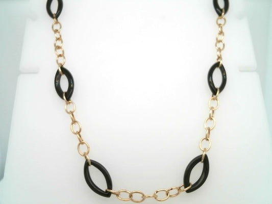 Vintage 14 Karat Yellow Gold Chain Necklace With 20 Open Marquise Shaped Black Onyx Link Stations 33.5"
