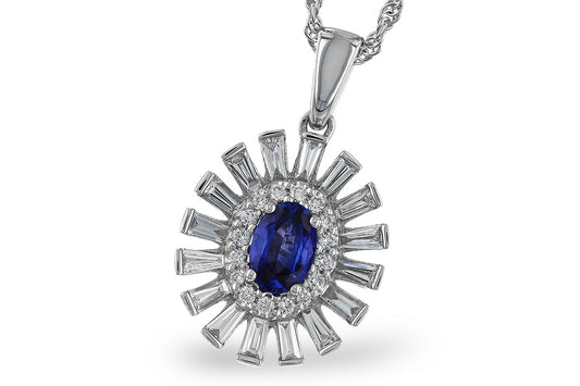 14 Karat White Gold Blue Sapphire & Diamond Starburst Style Necklace,
