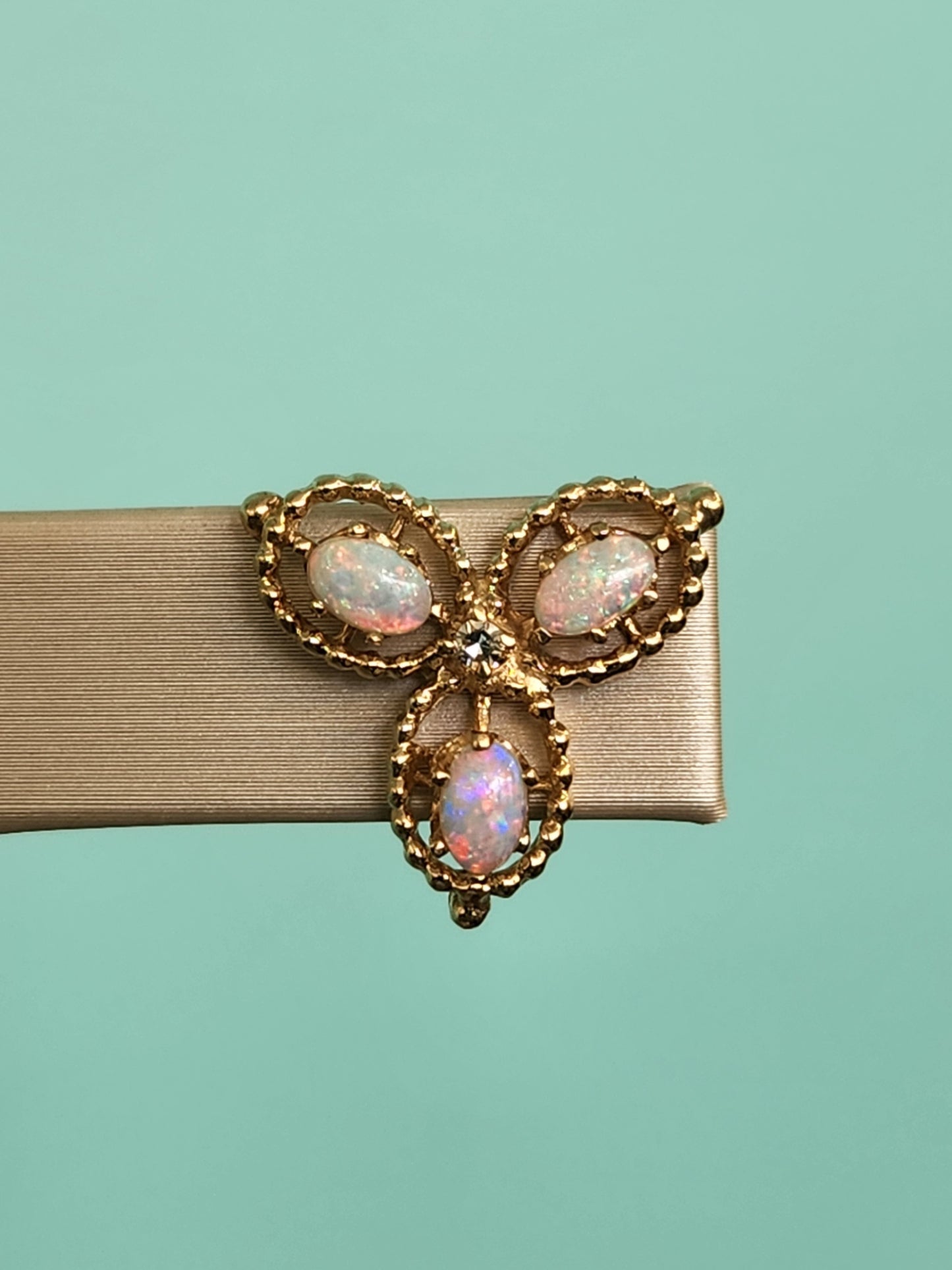 Vintage 14 Karat Yellow Gold Triple Leaf Design Opal & Diamond Earrings