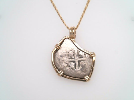 Sterling Silver Phillip V 2 Reales Coin Set In Prong Set In 14 Karat Yellow Gold Bezel Pendant