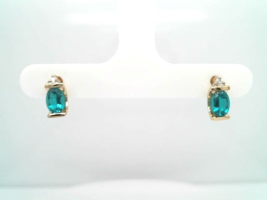 Vintage 14 Karat Yellow Gold Lab Grown Emerald Earrings With Diamond Accents