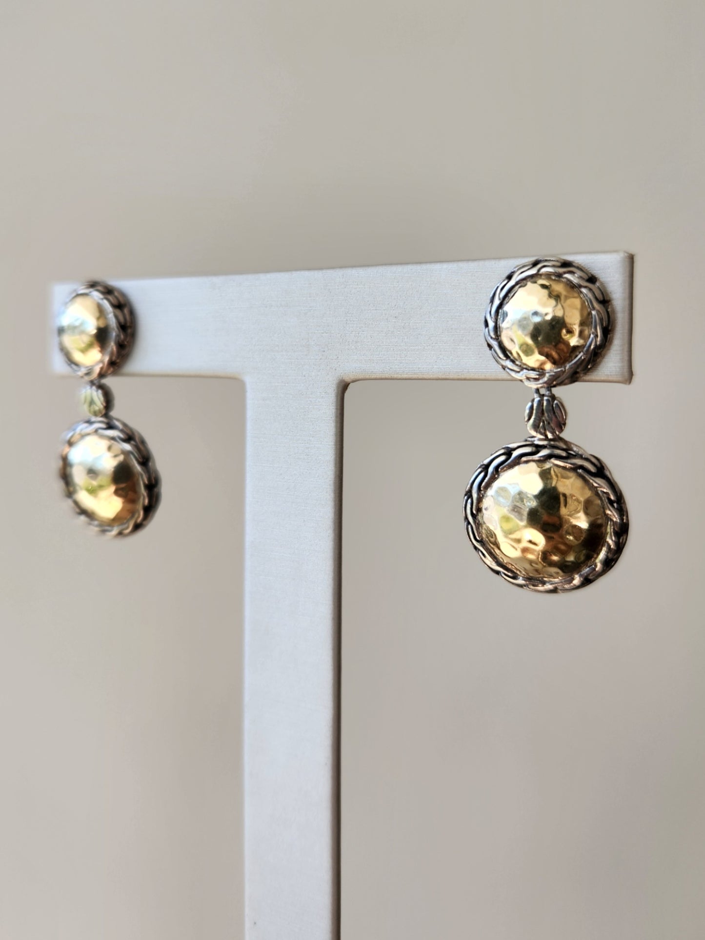 Vintage Sterling Silver & 22 Karat Yellow Gold Hammered Gold Disc & Woven Rope Dangle Earrings,  John Hardy