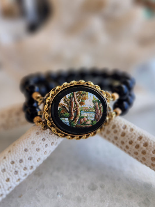 Vintage 14 Karat Yellow Gold Double Strand 8 Mm Bead Bracelet With Antique Victorian Micro Mosaic Clasp, 7"