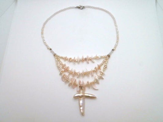 Sterling Silver Shell, Rose Quartz, & Freshwater Pearl 3-Strand Necklace 17"