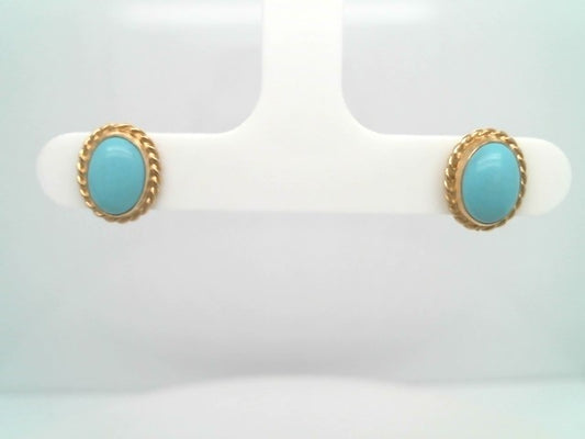 Vintage 14 Karat Yellow Gold Oval Turquoise Rope Edge Stud Earrings