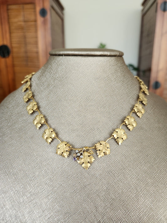 Vintage 18 Karat Yellow Gold Grape Leaf Design Necklace With Cluster Of Grapes Containing Diamonds, Citrine, And Amethyst, 15.75 -17"