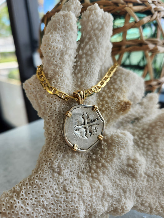 Spanish Colonial 2 Reale in 14K Yellow Gold and Sterling Silver Pendan