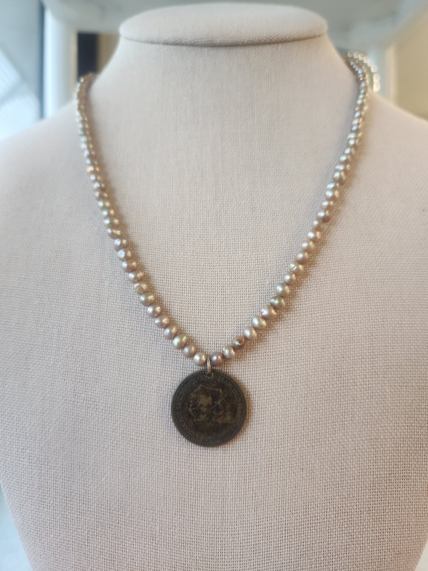 Handmade Sterling Silver Freshwater Pearl Necklace With Peruvian Coin Dated 1943, 18"