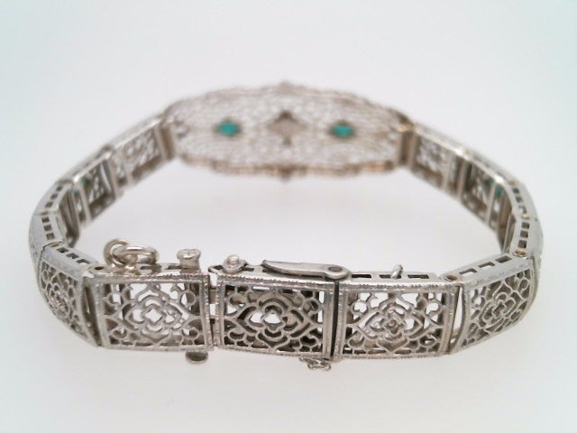 Antique Early Art Deco 10 Karat White Gold Filigree Diamond & Synthetic Emerald Bracelet 7"