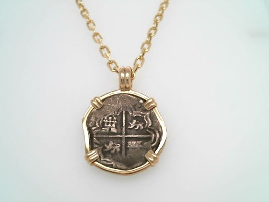Silver 2 Reale Coin Prong Set In 14 Karat Yellow Gold Bezel Pendant