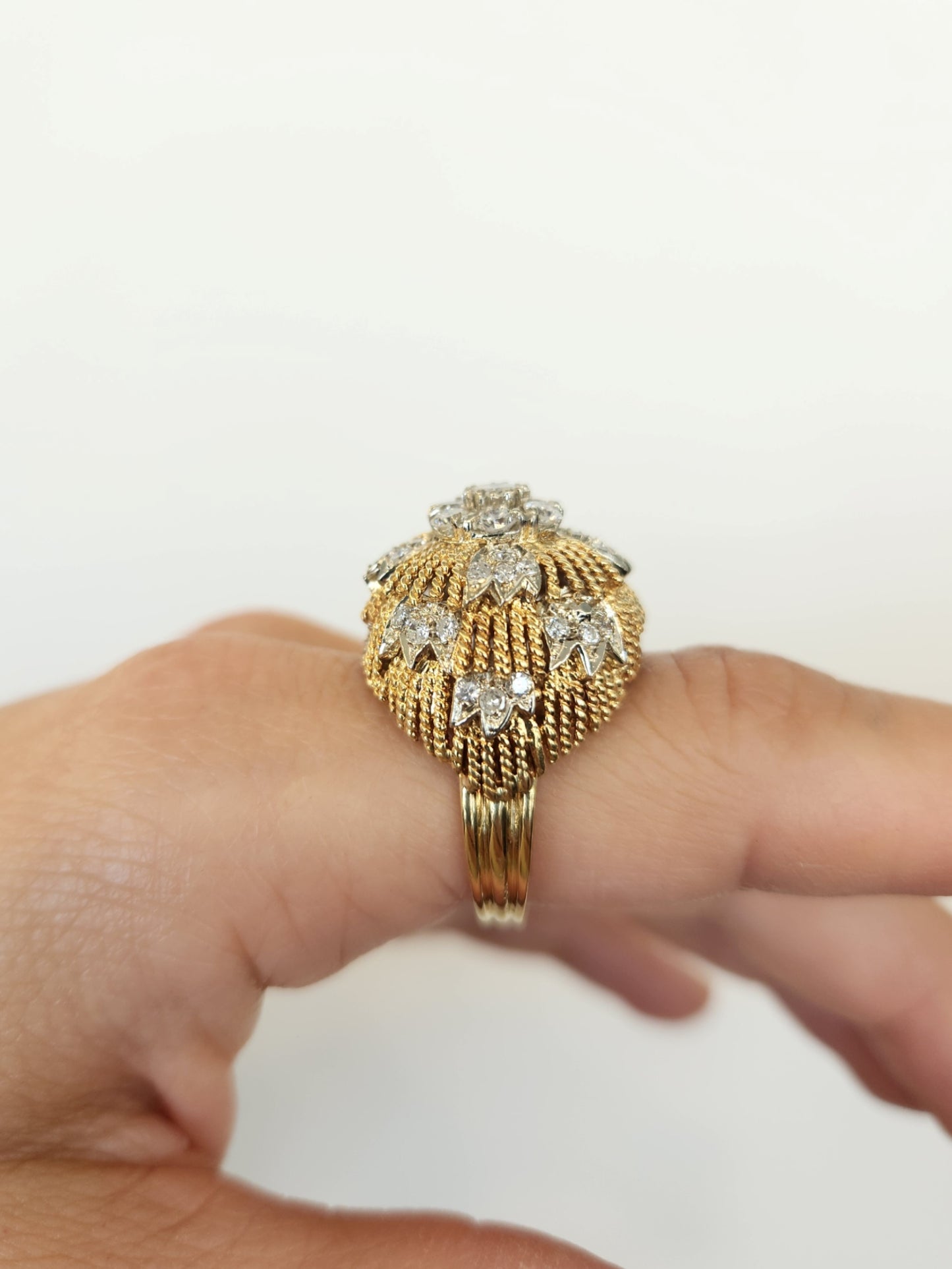 Vintage 18 Karat Yellow Gold Textured 20 Mm Dome Diamond Ring