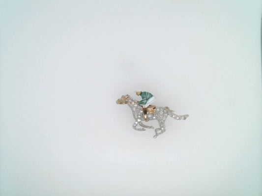 Vintage Platinum & 18 Karat Yellow Gold Jockey On A Racehorse Pin With Diamonds & Enamel