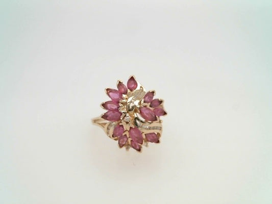 Vintage 14 Karat Yellow Gold Marquise Ruby & Diamond Cluster Ring