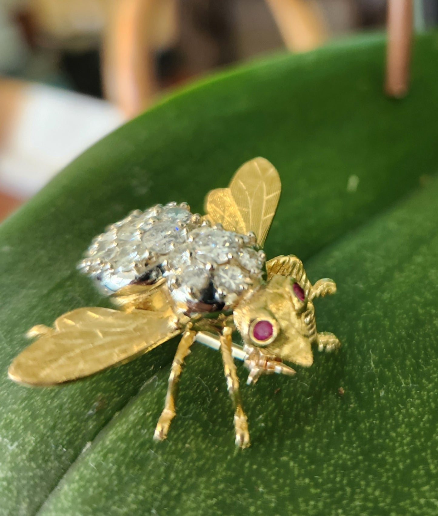 Vintage 18 Karat Yellow Gold Diamond Honey Bee Pin With Ruby Eyes