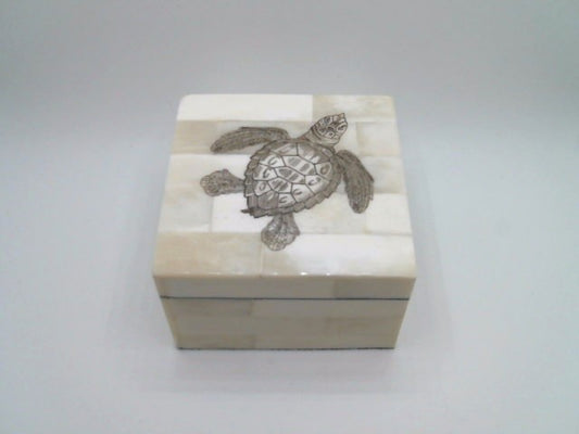 Medium Scrimshaw Bone Box, Sea Turtle, 3.25 In